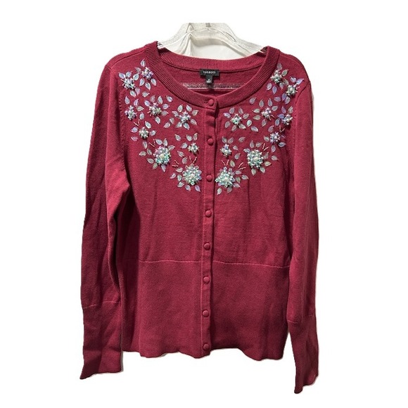 Talbots Sweaters - Talbots Womens Embellished Crewneck Cardigan Berry Red Floral Beaded Sweater M